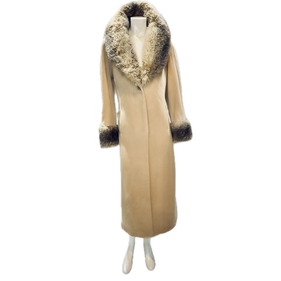 Albert Nipon Jackets & Blazers - 🧥 ALBERT NIPON Vintage Camel Wool Swing Coat‎ Sz 10 Faux Fur Trim Old Money